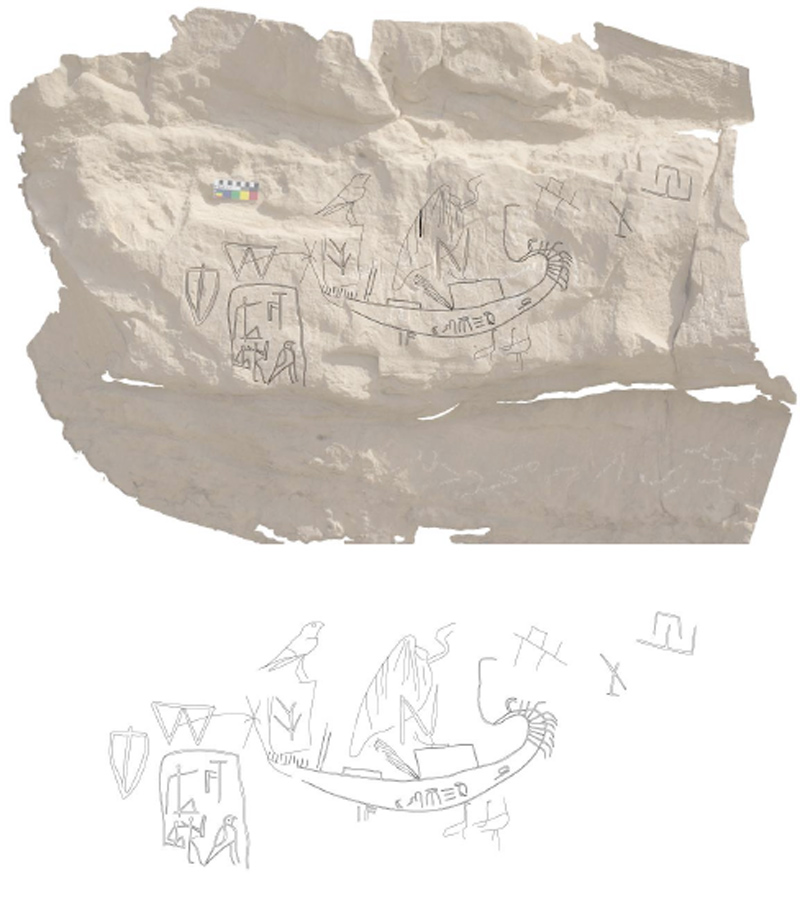 Figure 6 Orthoimage with digital drawing overlaid of Panels 6-8 (top); digital drawing without rectified image, including the inscription of Hornakht (bottom)