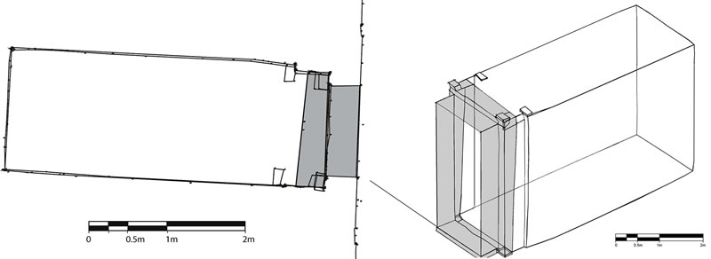 Figure 3 (left) Preliminary overhead plan of the central rear sanctuary of Ghueita Temple. The shaded portion represents a later addition, possibly of Darius I. Figure 4 (right) Isometric projection of the central sanctuary of Ghueita Temple. Shaded portion represents later addition to the original structure.