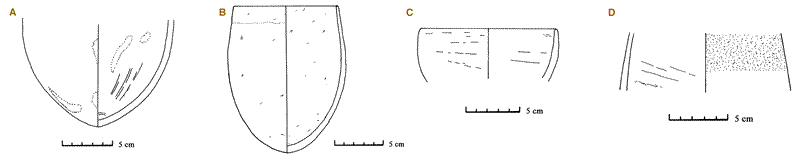 Figure 8 (A) Bottom of a red-coated vessel of silt with organic temper. (B) A small handmade, black-topped, burnished open beaker with simple rim. The fabric is one of the most common in the Rayayna desert corpus. Silt (possibly sourced in the fossil alluvium of desert pans) with a moderate amount of very coarse calcerous inclusions (intentional temper, to be distinguished from the fine white particles occurring in most Nubian silt fabrics). (C) A simple, shallow, open cup of a locally-derived desert fabric. (D) A sherd from a black-topped vessel. The brown-red exterior surface color imitates the appearance of Nile silt but it too is of a local desert clay.