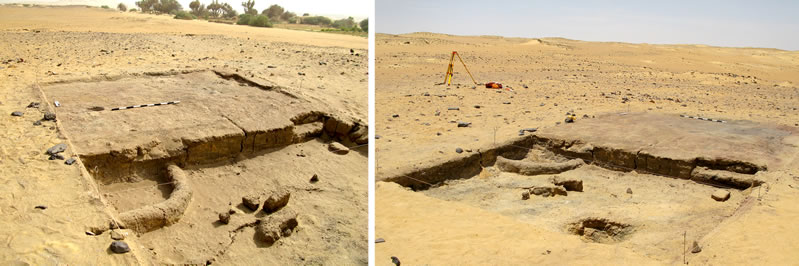 Figure 2 Views of Squares OO25/26 after excavation, showing the large platform and courtyard with semi-circular emplacement.