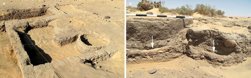 Figure 7A (left), View looking southwest at Room I, with the two round oven bases (Features 2 and 3) within the structure. Figure 7B, View (looking west) of the northern oven base (Feature 3). The arrows show the top of Level 3, the ash and debris that had accumulated prior to the construction of Room I and the two oven bases.