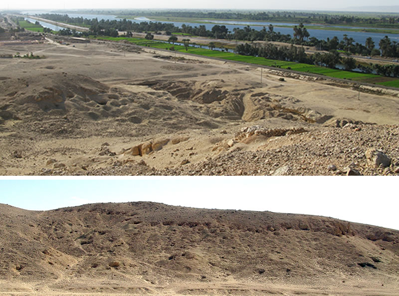 Top, view of the Mo‘alla necropolis, standing in Area E, looking south across Area B and the modern quarry. Bottom, view (looking south) of Area H1, with openings of tombs visible along the upper portion of the cliffs and throughout the gebel (left).