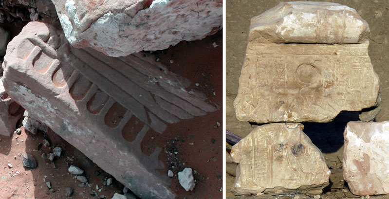 Figure 6 (left) Fragment of winged sundisk in situ (sanctuary area). Figure 7 Lintel blocks featuring Chonsu the Child and Mut.