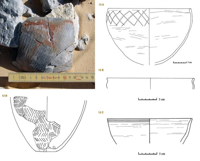 Figure 12 (left) Ripple burnished sherd, early A-Group vessel from the Northwest Wadi, Kurkur Oasis; note effects of water and wind erosion. Figure 13 (right) Ripple burnished sherd, early A-Group vessel from the Northwest Wadi, Kurkur Oasis; note effects of water and wind erosion.