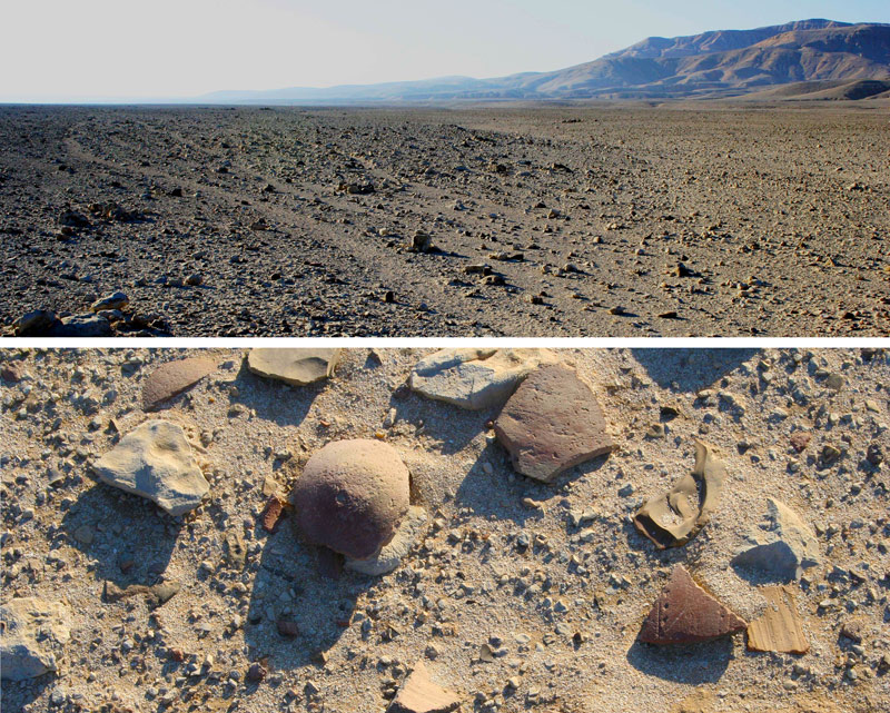 Top image, view looking south along the meandering tracks of the Alamat Tal Road (top) with the cliffs of the Theban desert to the right. Bottom image, looking down at the Alamat Tal tracks, a nice illustration of the ancient Egyptian phrase “gravel of the desert and broken pots in the road.” 