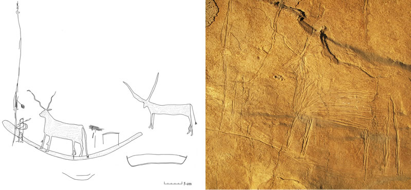 Figure 10 (left) Group V of the late Naqada II period tableau at the mouth of the Wadi of the Horus Qa-a. Figure 11 (right) Bound prisoner, mace, and addax from the Group V boat.
