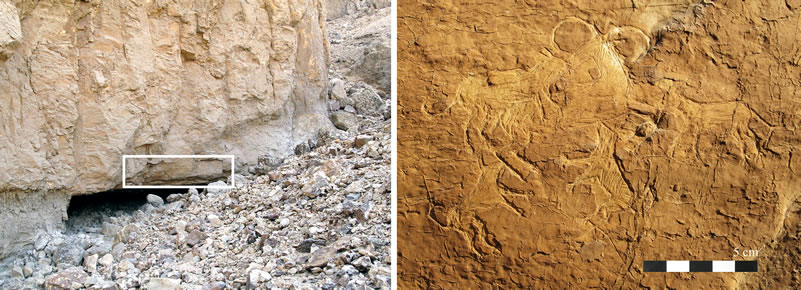 Figure 2 (left) Rock inscription site at the mouth of the Wadi of the Horus Qa-a. Figure 3 (right) Scene of four canids attacking a barbary sheep (Group II) from the late Naqada II period tableau at the mouth of the Wadi of the Horus Qa-a.