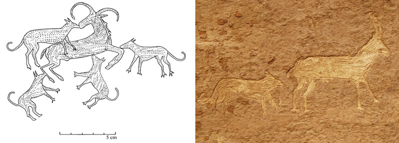 Figure 6 (left) Group II of the late Naqada II period tableau at the mouth of the Wadi of the Horus Qa-a. Figure 7 (right) Group III of the late Naqada II period tableau at the mouth of the Wadi of the Horus Qa-a.
