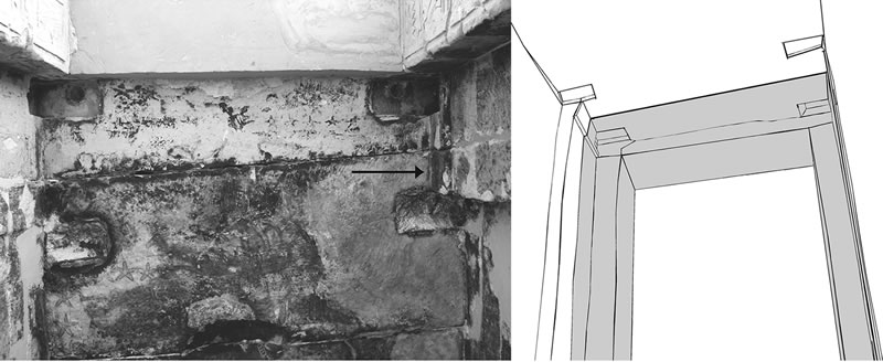 Figure 5 (left) East portion of the ceiling of the central sanctuary of Ghueita Temple. Arrow indicates remaining portion of the original lintel. Figure 6 (right) View of the two sets of door sockets in the ceiling of the central sanctuary. Shaded portion represent the later addition.