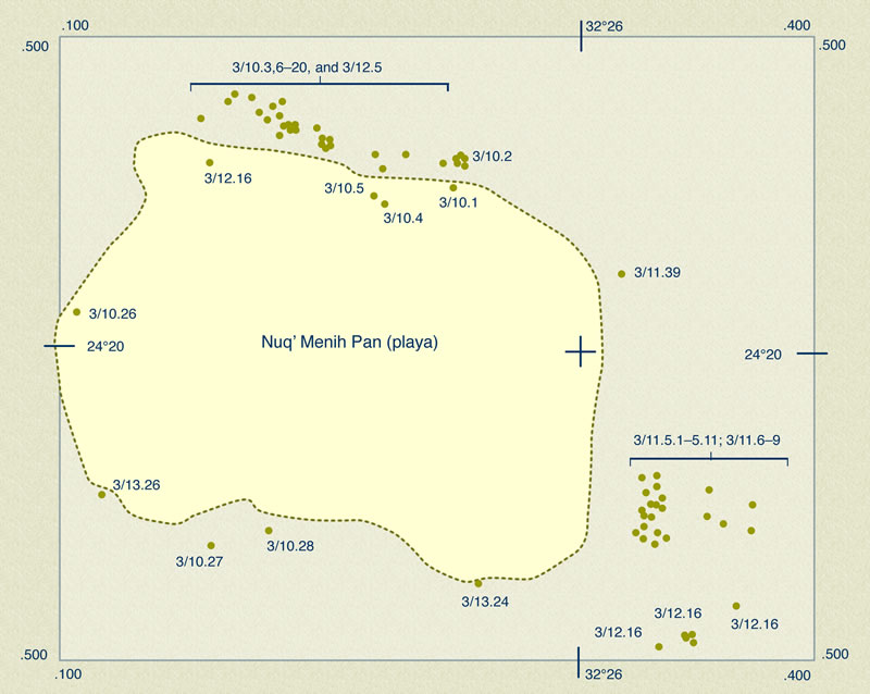 Figure 17 Preliminary plan of Nuq’ Menih Pan, showing outline of the lake bed and major locations of archeological remains, based on the surveys of the Yale Toshka Desert Survey.