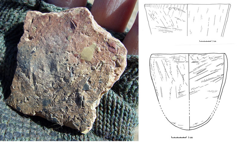 Figure 19 (left) Sherd in a coarse shale tempered fabric from Nuq’ Maneih. Top, right, Vessel with lightly pinched rim, irregular rippiling, and haphazard smoothing marks from Nuq’ Maneih; fabric has abundant shale inclusions. Bottom, left, Vessel from Nuq’ Maneih, tempered with gray shale, red ochre.
