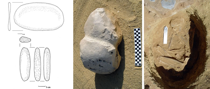 Figure 20 (left) Grinding stone from Nuq’ Maneih.Bottom, left, A tethering stone from the eastern heights over Nuq’ Maneih playa. Middle, left Mortar from Nuq’ Maneih. Figure 21 (right), A contracted burial on the foothills of Gebel Barga east of Nuq’ Maneih.
