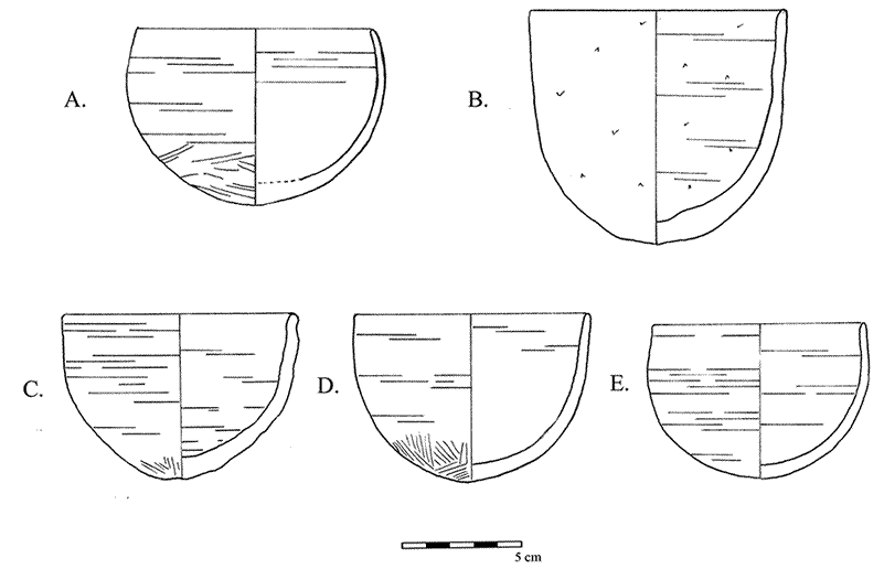 Figure 4 Cups from the Central Area of Umm Mawagir. (a) I.022.b. (b) I.O11.c. (c) I.O32.a. (d) I.O22.a. (e) I.O11.a