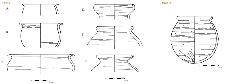  Figure 9 (left) Squat jars with candlestick (a I.O10.b) and everted (b I.O32.a; c I.O11.a) rims and jars with inturning rims (d I.O22.b, e II.O33; f I.O31.b). Figure 10, right. Jar with inturning rim from the Central Area of Umm Mawagir (I.O21.c).