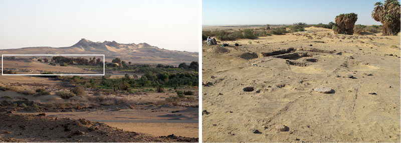 Figure 1 (left) View of Umm Mawagir from the slopes of Gebel Ghueita. The white box highlights the main area of Late Middle Kingdom through Second Intermediate Period urban remains. Right, View of the northern portion of the Umm Mawagir site, showing the bakery area during excavation. Photo credit, Theban Desert Road Survey.