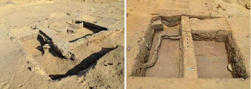 Figure 3 (left) Bakery structure in the northern part of Umm Mawagir. Photo credit, Theban Desert Road Survey. Right, One excavated portion (4m x 4m square) of the central part of Umm Mawagir, showing a narrow sinusoidal wall (left) crossed by a main east-west wall (center) preserved to nearly a meter in height. Photo credit, Theban Desert Road Survey.