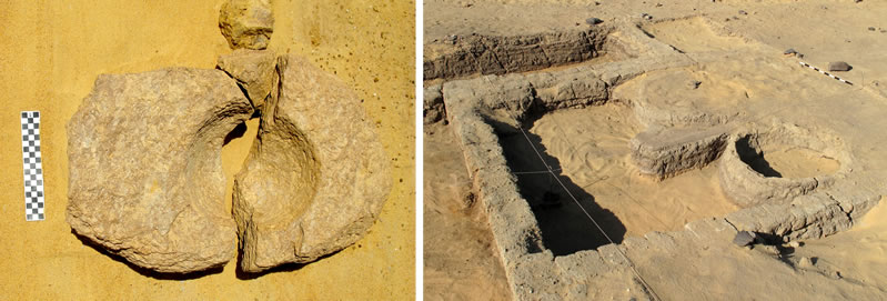 Figure 5A (left photo) Large rotary quern used for dehusking the grain, from just north of Structure A. Right photo, Figure 5B, View of Structure A, looking south. The bases of two kilns are visible, with the unexcavated remains of hardened ash and sherds in between.
