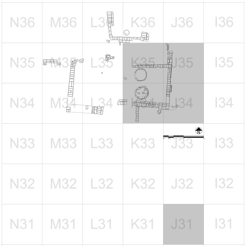 Figure 2 Grid of 4m x 4m squares, showing the main features of the bakery area and Structure A, shaded squares represent those excavated in the 2008–2009 season.