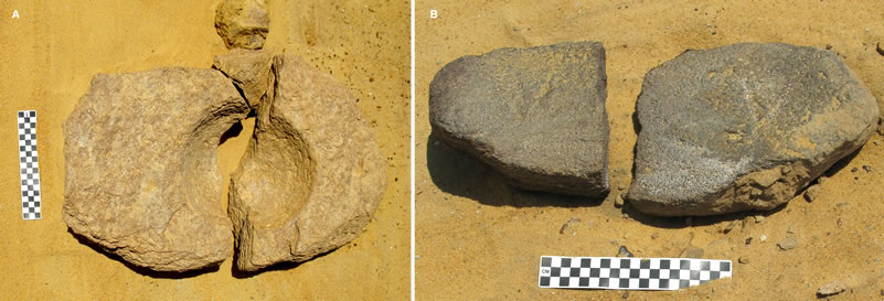 Figure 8 Grain processing equipment from Umm Mawagiróa large rotary quern and one of numerous rehays at the site.