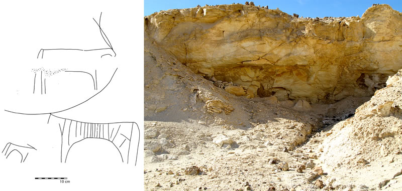 Figure 2 (left) Middle Nubian rock inscription along the Wadi Falij el-Hunud Road. Figure 3, Late Predynastic shelter along the Wadi Falij el-Hunud Road.