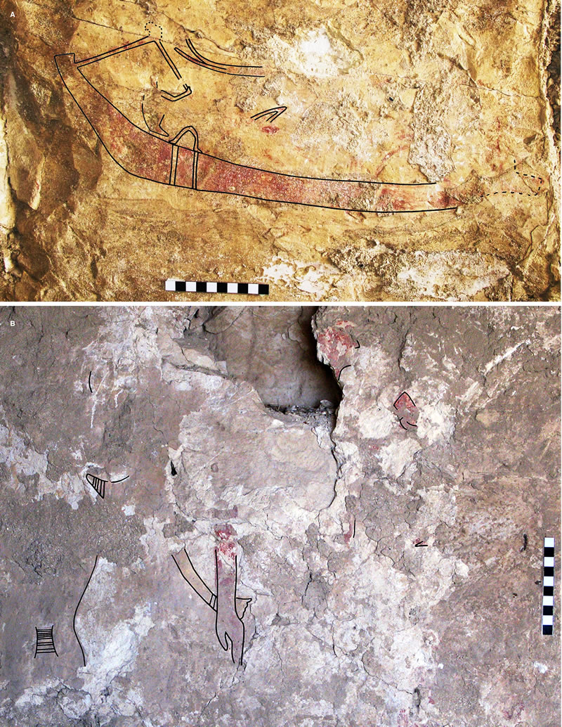 Figure 1 Preliminary copies of decoration on the south (a) and east (b) walls of M08-09/T1