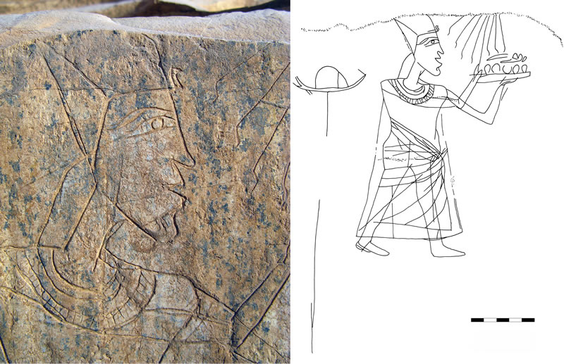 Figure 2 (photo left) The Head of Akhenaton (detail of the scene in Figure 3). Figure 3 Akhenaton elevates offerings to the Aton, in an image from the lower portion of the Gebel Akhenaton site. 