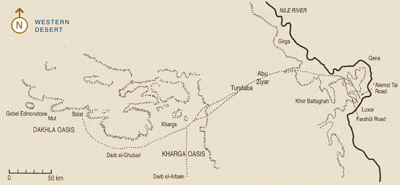 Figure 1 Map of the Qena Bend showing the northern Theban Road to the Oases of the Western Desert. Locations of Abu Ziyar and Tundaba are approximate.