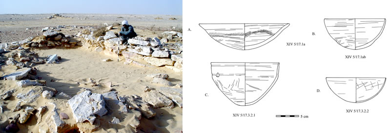 Figure 11 (left) Rectangular dry-stone structure at Abu Ziyar, after clearance. Figure 12, Ceramic material from Middle Kingdom occupation of the rectangular dry-stone structure at Abu Ziyar. C and D are made in a fine oasis fabric.