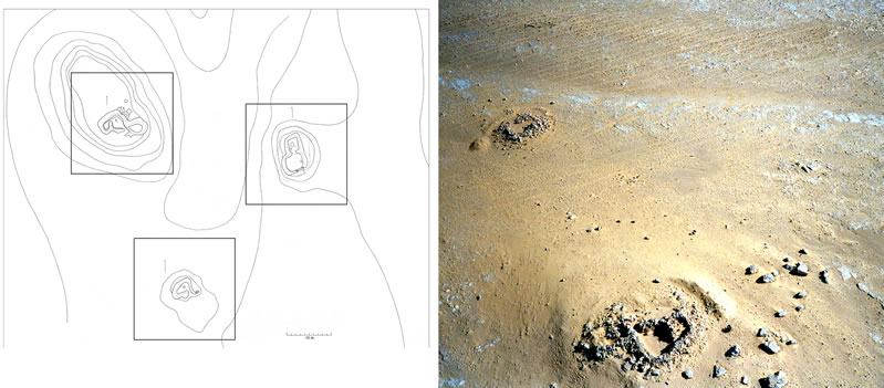 Figure 14 (left), topographical plan of the site of Tundaba, showing the three drystone structures. Photo right, aerial photograph of north and south features with caravan tracks visible in the upper portion of the image.