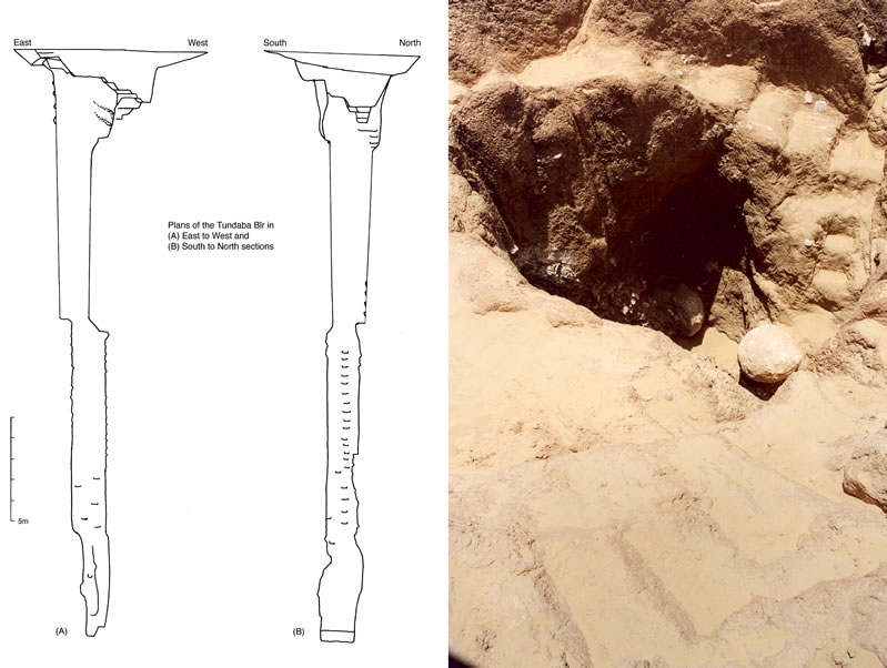 Figure 15 (left) Two sections of the Tundaba cistern after clearance. Figure 16, Spiral staircase in the upper portion of the Tundaba cistern.